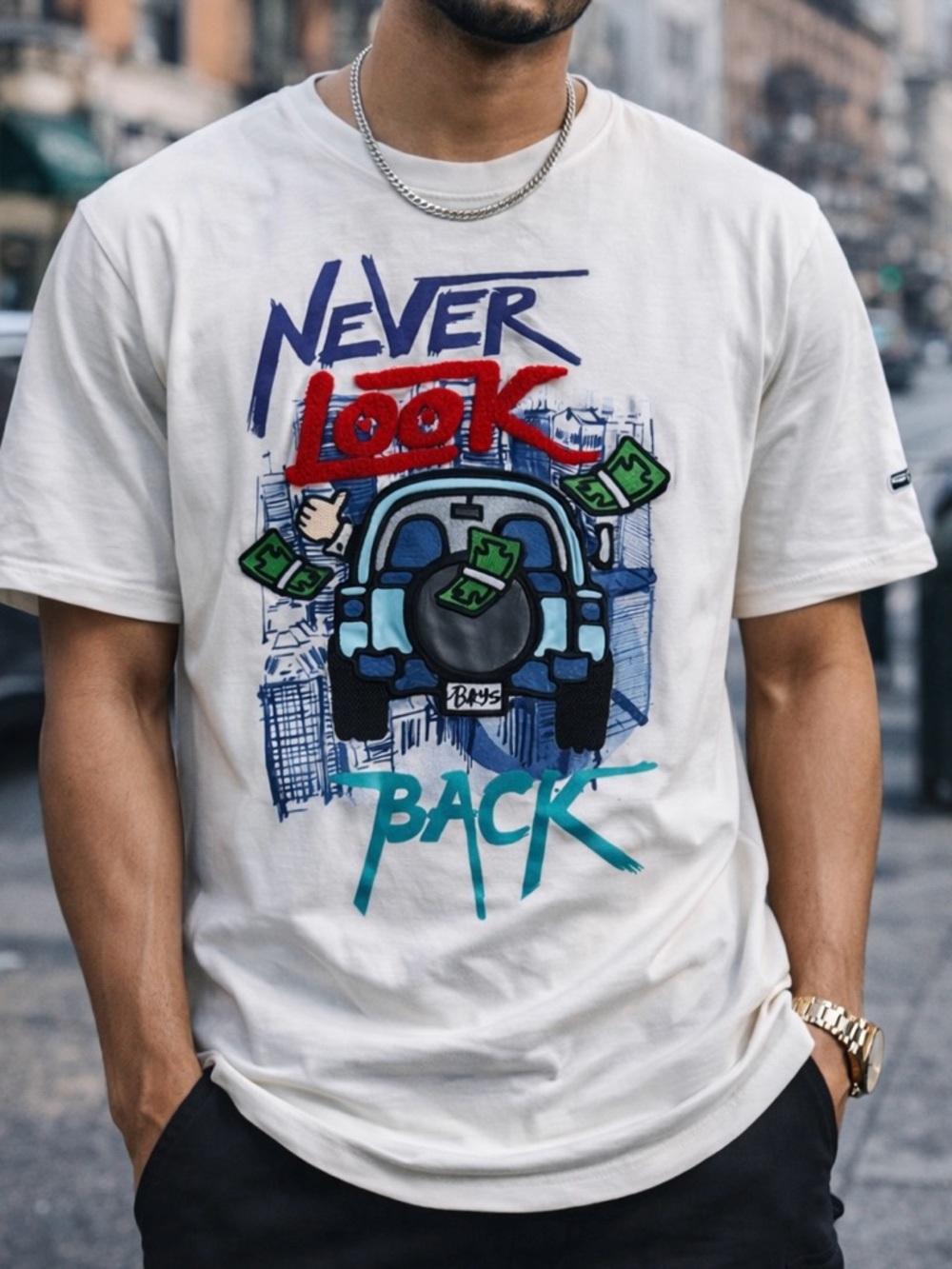 BKYS Never Look Back‎ Graphic Tee Men's Small White Streetwear Embroidered